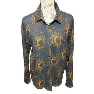Earthbound Trading Co‎ Celestial Shirt Womens Small Sun Moon Stars Black Button